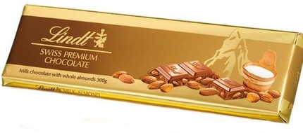 Продуктови Категории Шоколади Lindt Млечен шоколад с цели бадеми  300 гр.